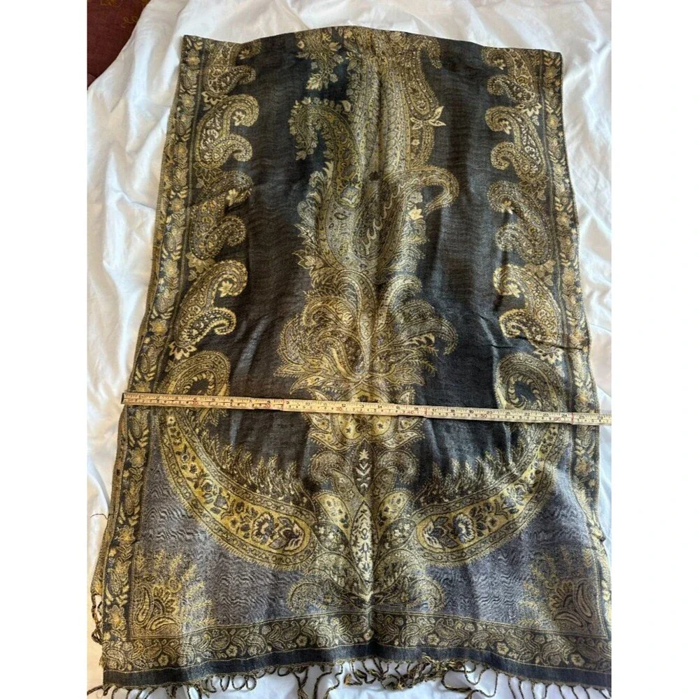 Vintage Paisley Pashmina Style Scarf Shawl Wrap Black Gold Boho Elegant Fringe